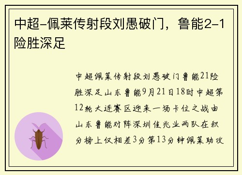 中超-佩莱传射段刘愚破门，鲁能2-1险胜深足
